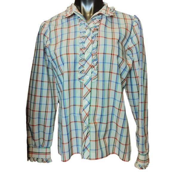 KORET Womens 12 Red Blue Checkered Ruffle Front Button Up Shirt Ruffle Sleeves - Picture 1 of 4